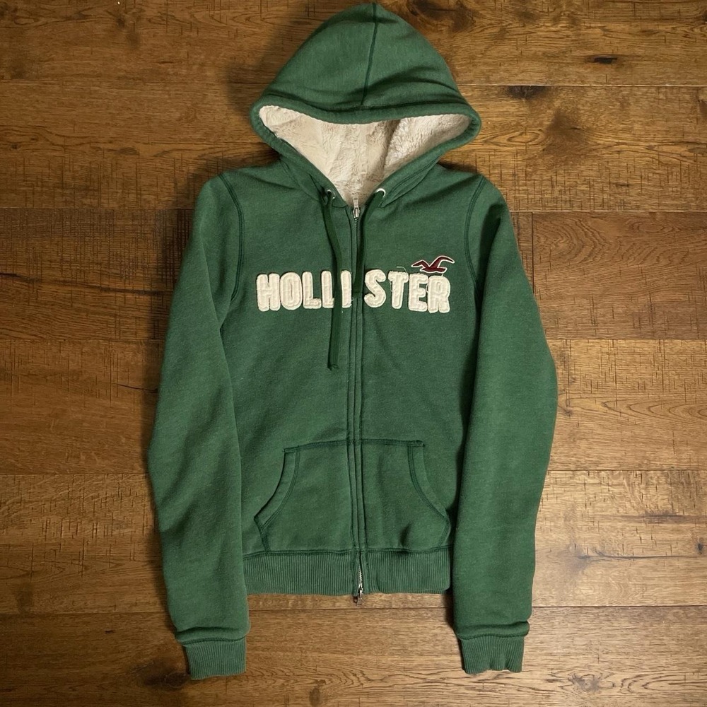 Hollister Zip Up Hoodie Womens L Green Y2K Sherpa Lined Vintage Surf